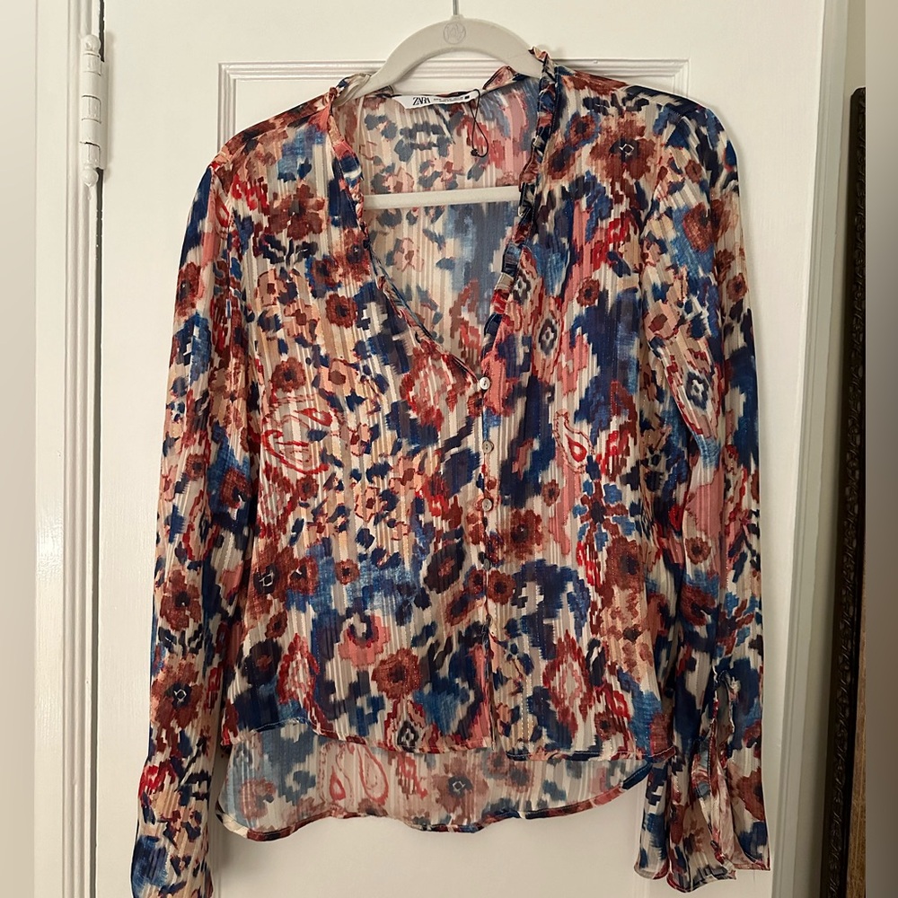 Zara sheer red and blue blouse with metallic thread